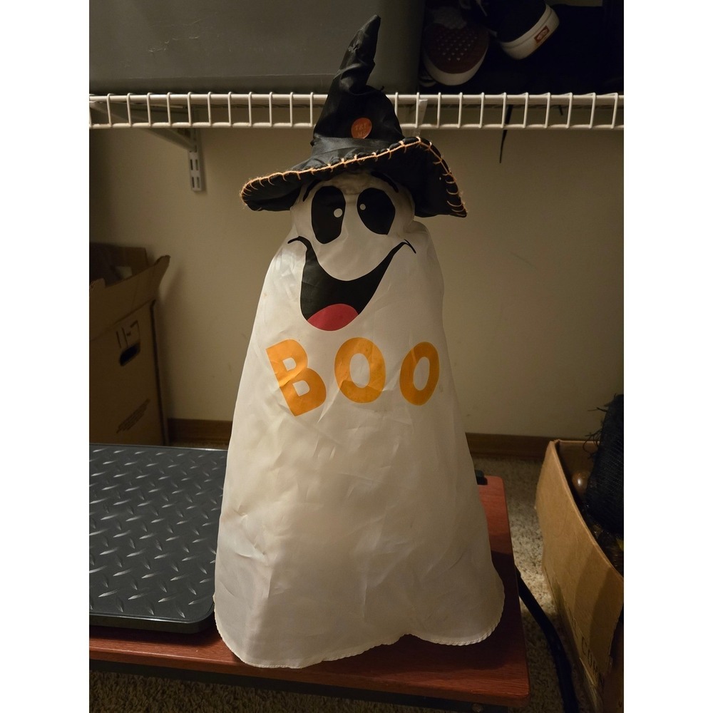 Animated Halloween Ghost Figure with Witch Hat and Sneakers Boo Decor White